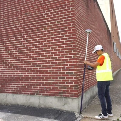 Man using BRx7 GNSS Receiver next to brick building