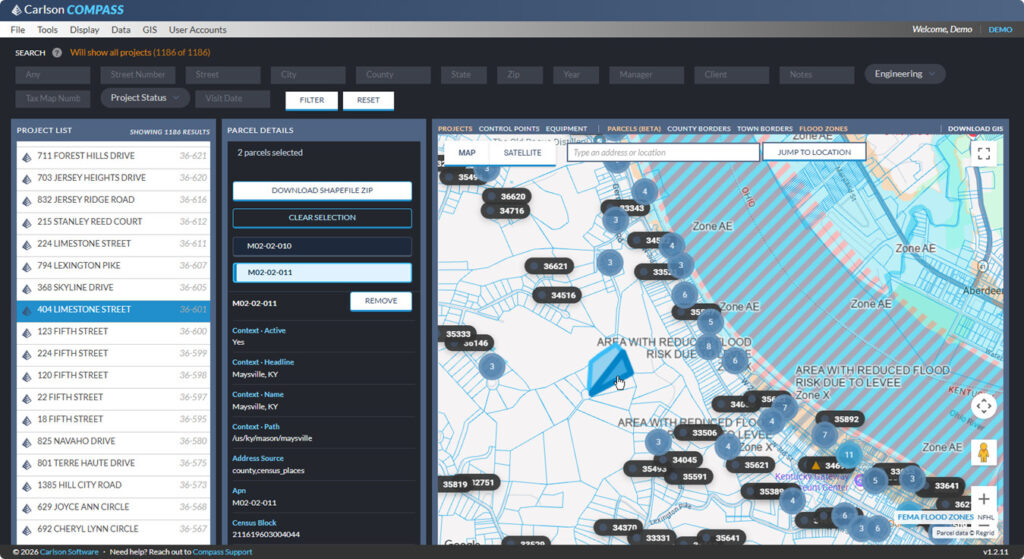 Carlson Compass Parcels+ parcel and flood zone data on the map