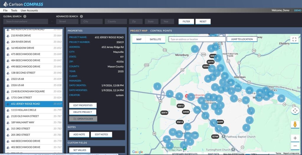 Carlson Compass project map with past projects and project details